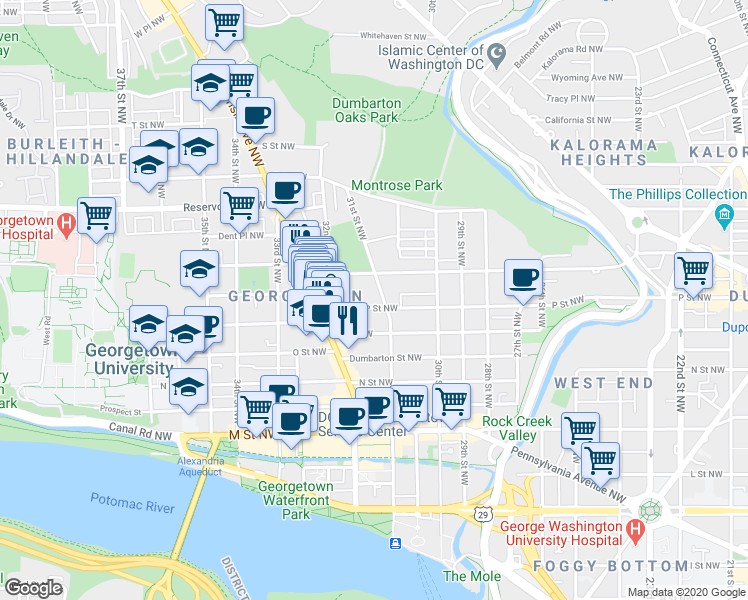 map of restaurants, bars, coffee shops, grocery stores, and more near 3115 P Street Northwest in Washington