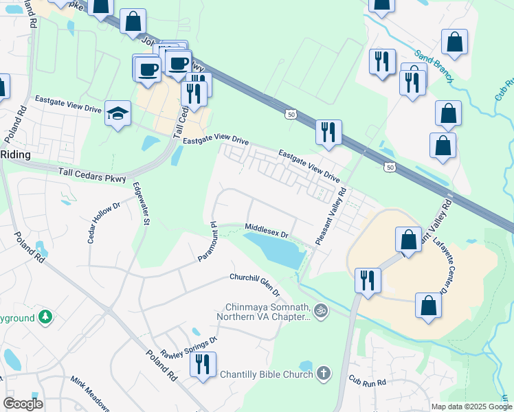 map of restaurants, bars, coffee shops, grocery stores, and more near 43849 Paramount Place in Chantilly