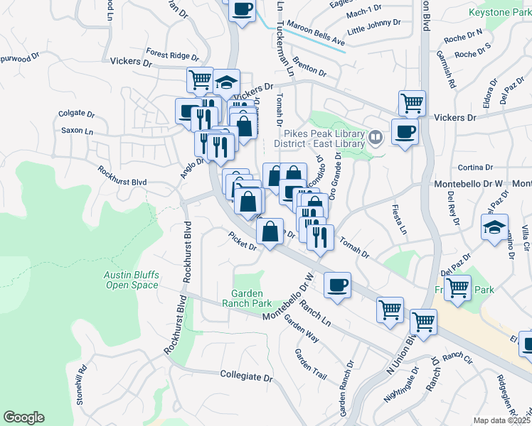 map of restaurants, bars, coffee shops, grocery stores, and more near 2200-2298 La Montana Way in Colorado Springs
