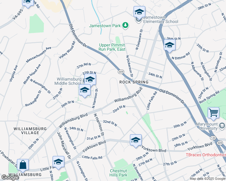 map of restaurants, bars, coffee shops, grocery stores, and more near 3443 North Emerson Street in Arlington