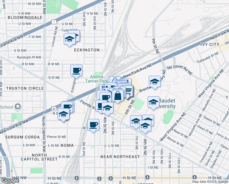 map of restaurants, bars, coffee shops, grocery stores, and more near 1320 4th Street Northeast in Washington
