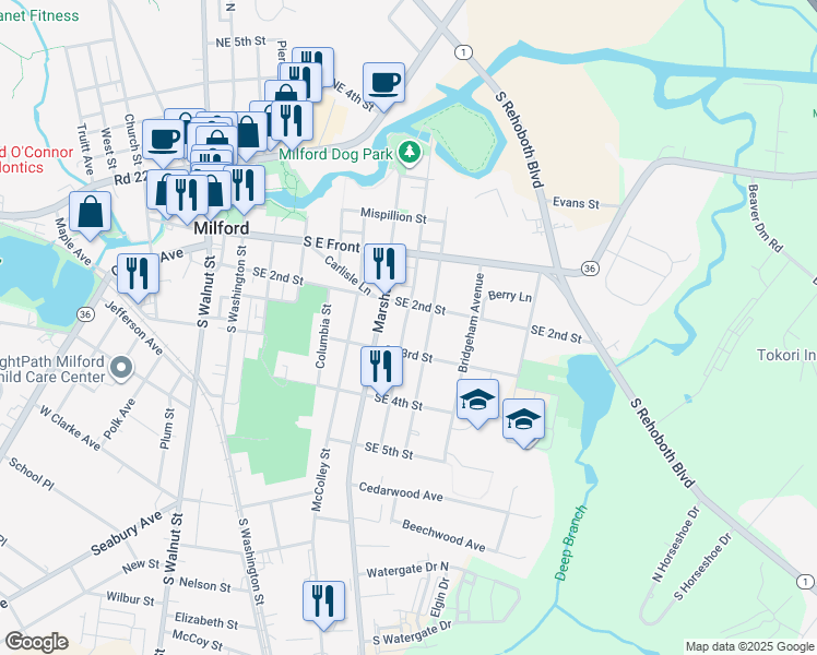 map of restaurants, bars, coffee shops, grocery stores, and more near 700 Southeast 2nd Street in Milford