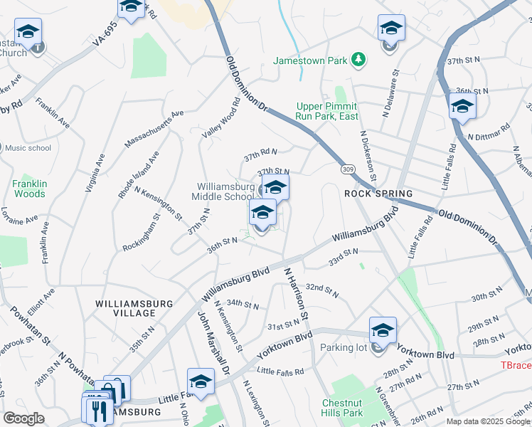 map of restaurants, bars, coffee shops, grocery stores, and more near 3600 North Harrison Street in Arlington