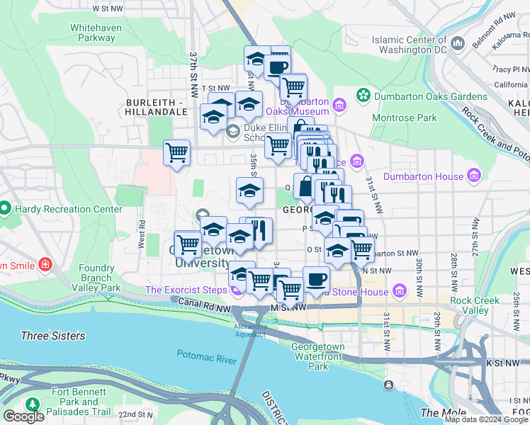 map of restaurants, bars, coffee shops, grocery stores, and more near 3414 Volta Place Northwest in Washington