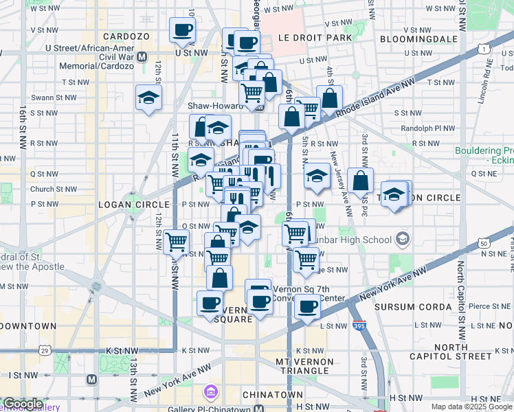 map of restaurants, bars, coffee shops, grocery stores, and more near 1490 7th Street Northwest in Washington