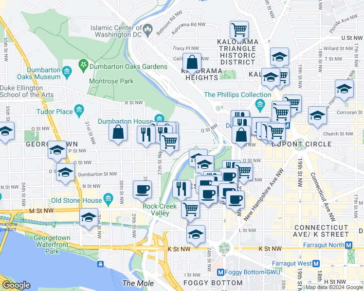 map of restaurants, bars, coffee shops, grocery stores, and more near 2509 P Street Northwest in Washington