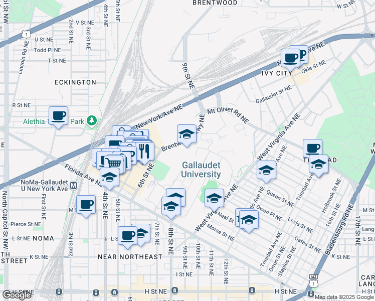 map of restaurants, bars, coffee shops, grocery stores, and more near 1405 Brentwood Parkway Northeast in Washington