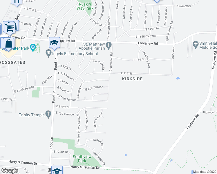 map of restaurants, bars, coffee shops, grocery stores, and more near 11716 East 117 Terrace in Kansas City