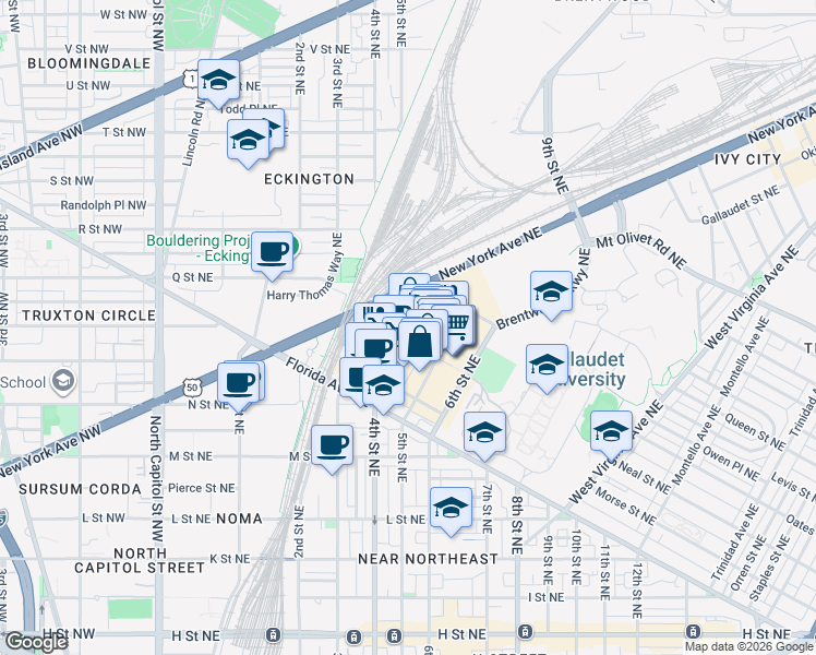 map of restaurants, bars, coffee shops, grocery stores, and more near 101 Independence Avenue Southeast in Washington