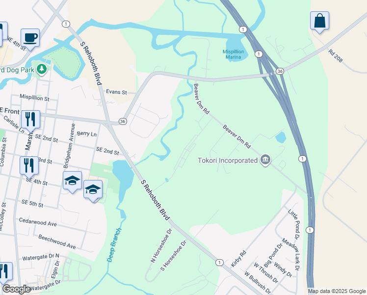 map of restaurants, bars, coffee shops, grocery stores, and more near 18 Beaver Dam Drive in Milford
