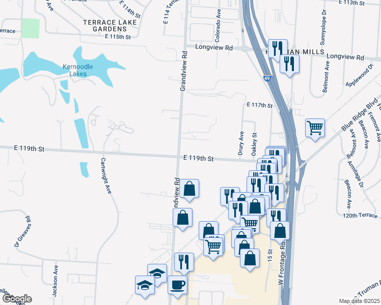 map of restaurants, bars, coffee shops, grocery stores, and more near 11815 Grandview Road in Kansas City