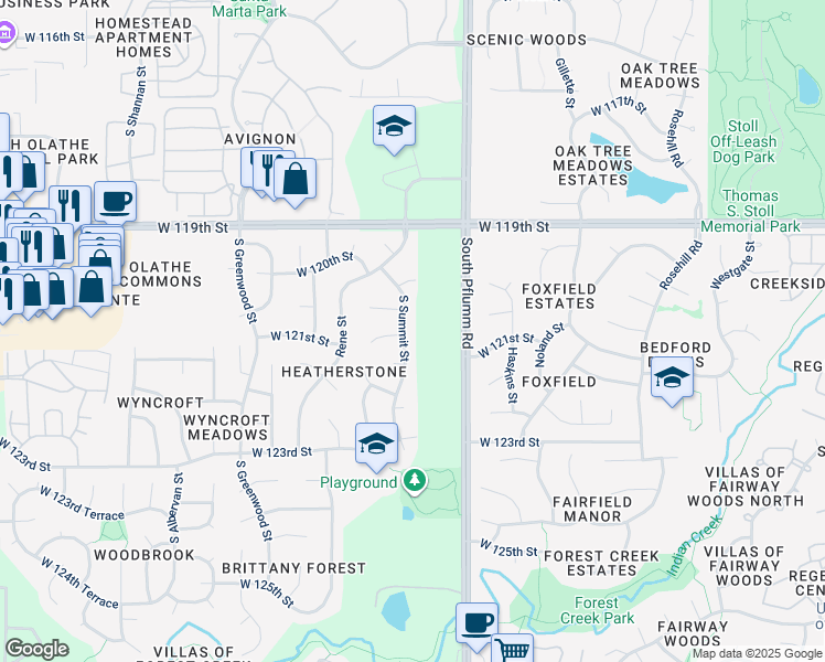 map of restaurants, bars, coffee shops, grocery stores, and more near 12061 South Summit Street in Olathe