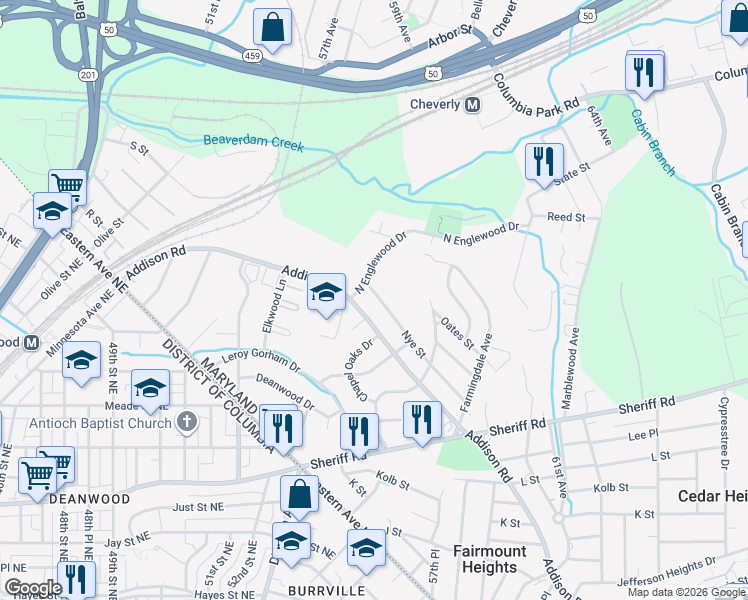 map of restaurants, bars, coffee shops, grocery stores, and more near 1422 Nye Street in Capitol Heights