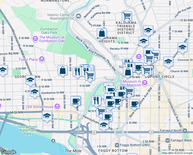 map of restaurants, bars, coffee shops, grocery stores, and more near 2509 P Street Northwest in Washington