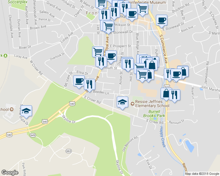 map of restaurants, bars, coffee shops, grocery stores, and more near 128 Scott Street in Front Royal