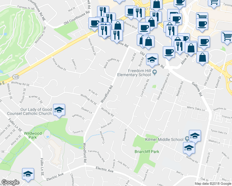 map of restaurants, bars, coffee shops, grocery stores, and more near 8463 Hunt Valley Drive in Vienna
