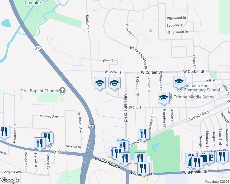 map of restaurants, bars, coffee shops, grocery stores, and more near 101 School Street in Bethalto
