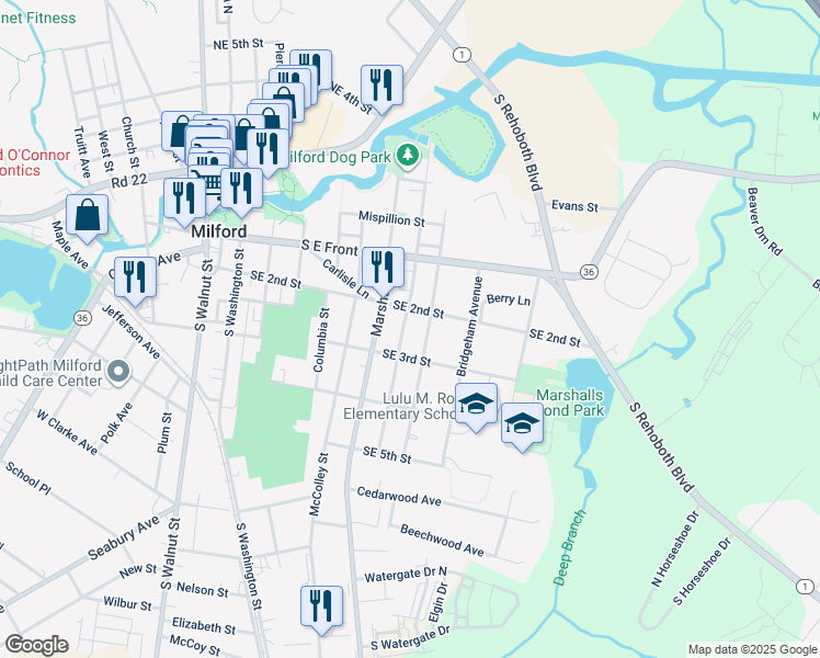 map of restaurants, bars, coffee shops, grocery stores, and more near 205 Fisher Avenue in Milford