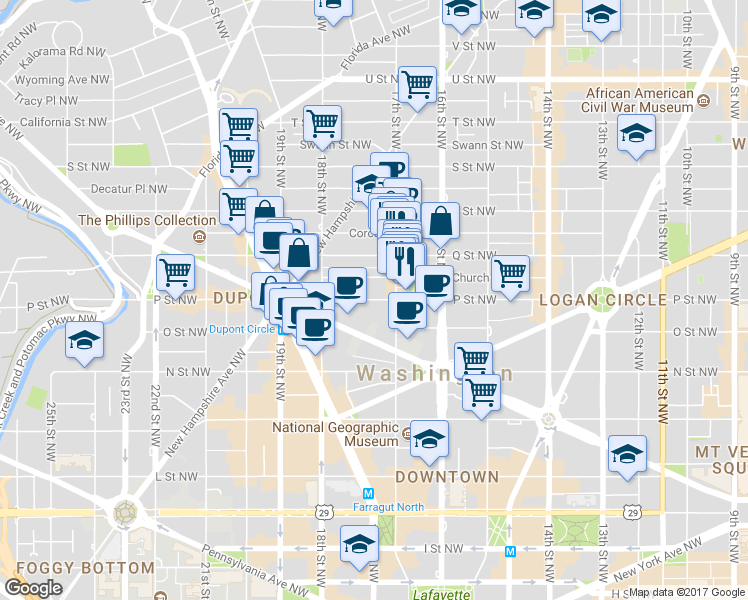 map of restaurants, bars, coffee shops, grocery stores, and more near 1718 P Street Northwest in Washington