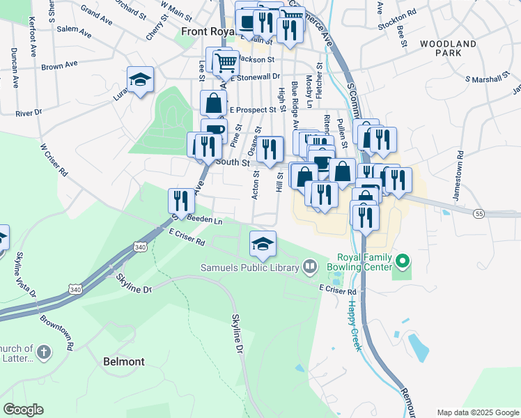 map of restaurants, bars, coffee shops, grocery stores, and more near 460 Acton Street in Front Royal