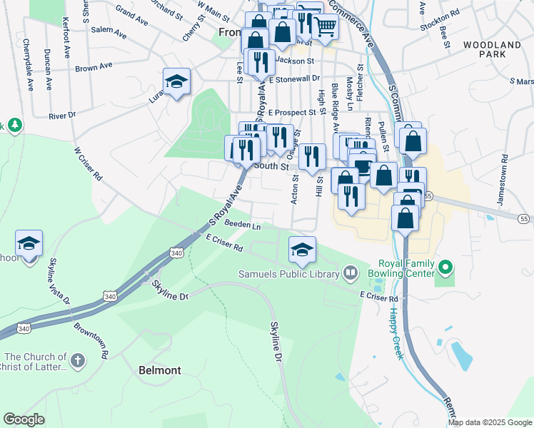 map of restaurants, bars, coffee shops, grocery stores, and more near 128 Scott Street in Front Royal