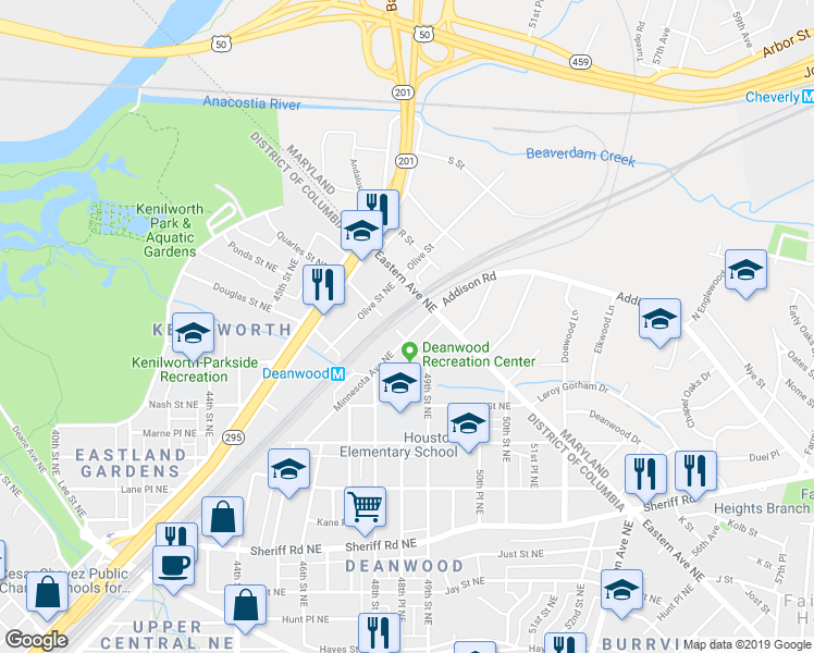 map of restaurants, bars, coffee shops, grocery stores, and more near 4908 Minnesota Avenue Northeast in Washington