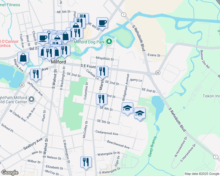 map of restaurants, bars, coffee shops, grocery stores, and more near 700 Southeast 2nd Street in Milford