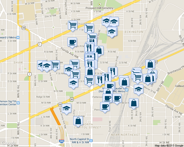 map of restaurants, bars, coffee shops, grocery stores, and more near North Capitol St NE & P St NW in Washington