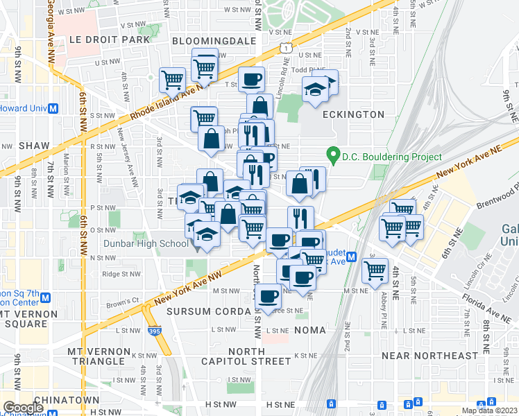 map of restaurants, bars, coffee shops, grocery stores, and more near P St NW & P St NE in Washington