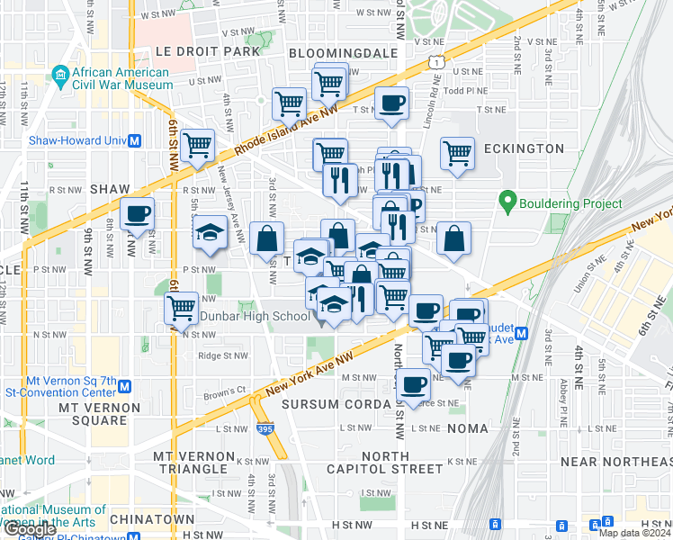 map of restaurants, bars, coffee shops, grocery stores, and more near 1st Street Northwest in Washington
