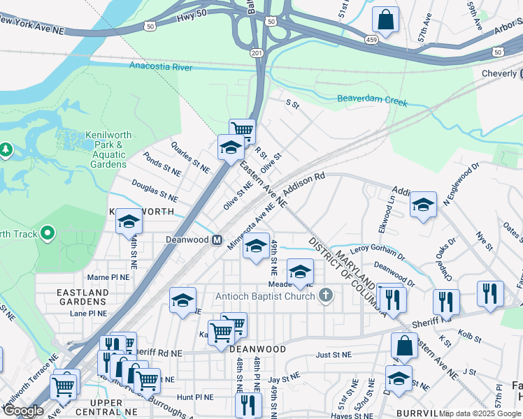 map of restaurants, bars, coffee shops, grocery stores, and more near 4908 Minnesota Avenue Northeast in Washington