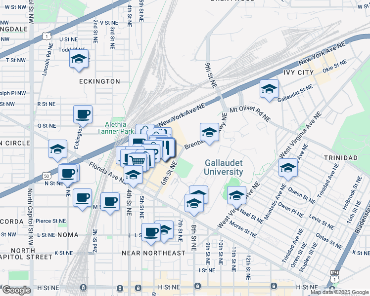 map of restaurants, bars, coffee shops, grocery stores, and more near 1405 Brentwood Parkway Northeast in Washington