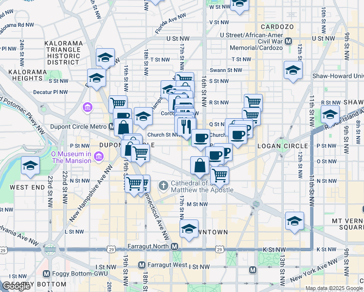 map of restaurants, bars, coffee shops, grocery stores, and more near 17th St NW & P St NW in Washington