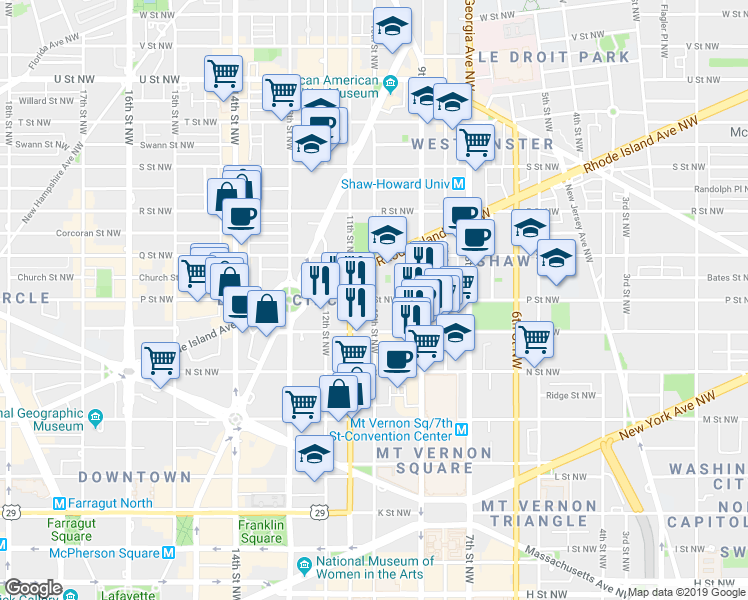 map of restaurants, bars, coffee shops, grocery stores, and more near P St NW & 10th St NW in Washington