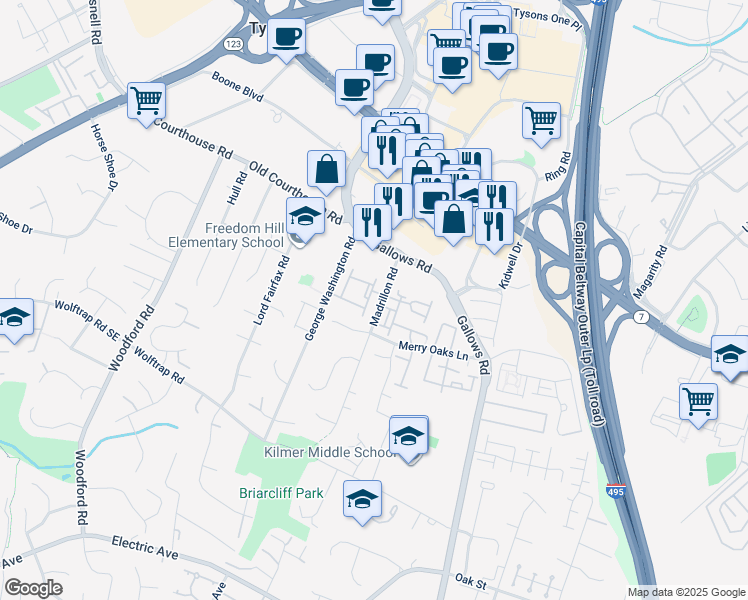 map of restaurants, bars, coffee shops, grocery stores, and more near 8196 Madrillon Court in Vienna