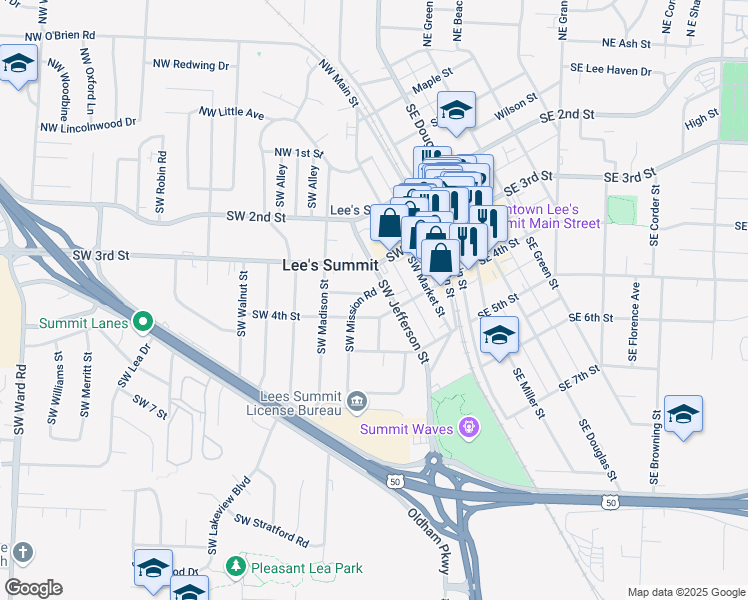 map of restaurants, bars, coffee shops, grocery stores, and more near 201 Southwest Mission Road in Lee's Summit