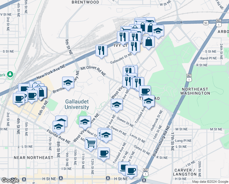 map of restaurants, bars, coffee shops, grocery stores, and more near 1662 West Virginia Avenue Northeast in Washington