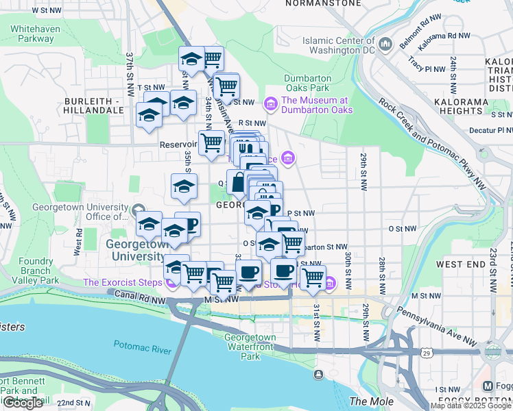 map of restaurants, bars, coffee shops, grocery stores, and more near 3208 Volta Place Northwest in Washington