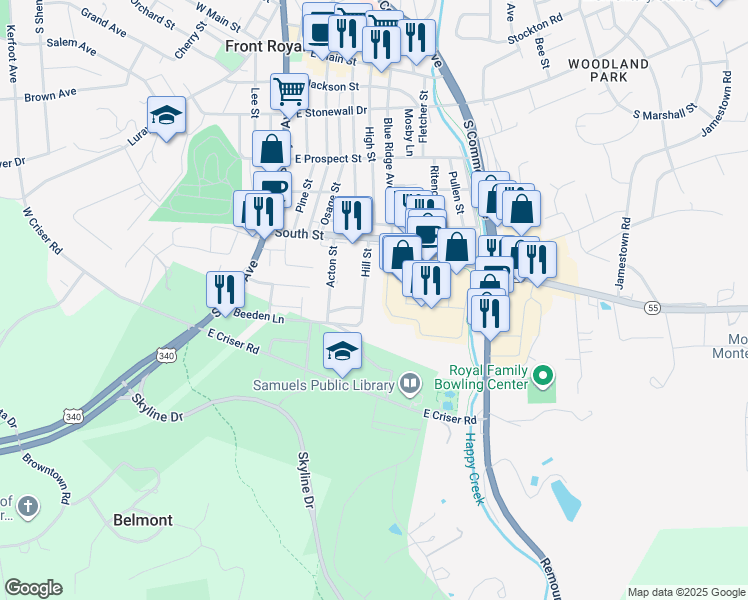 map of restaurants, bars, coffee shops, grocery stores, and more near 454 Hill Street in Front Royal