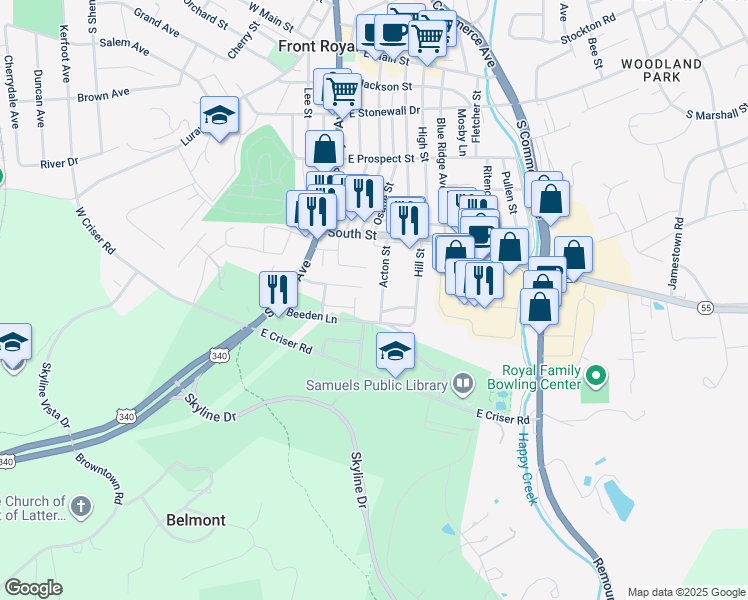 map of restaurants, bars, coffee shops, grocery stores, and more near 461 Acton Street in Front Royal