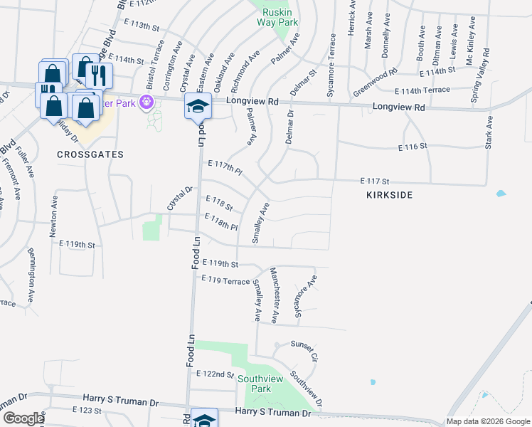 map of restaurants, bars, coffee shops, grocery stores, and more near 11719 Smalley Avenue in Kansas City