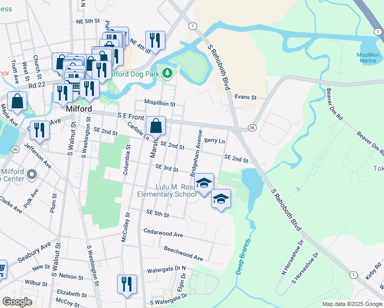 map of restaurants, bars, coffee shops, grocery stores, and more near 808 Southeast 2nd Street in Milford