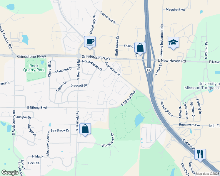 map of restaurants, bars, coffee shops, grocery stores, and more near 3600 Aspen Heights Parkway in Columbia