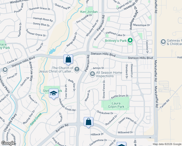 map of restaurants, bars, coffee shops, grocery stores, and more near 5343 Arroyo Street in Colorado Springs