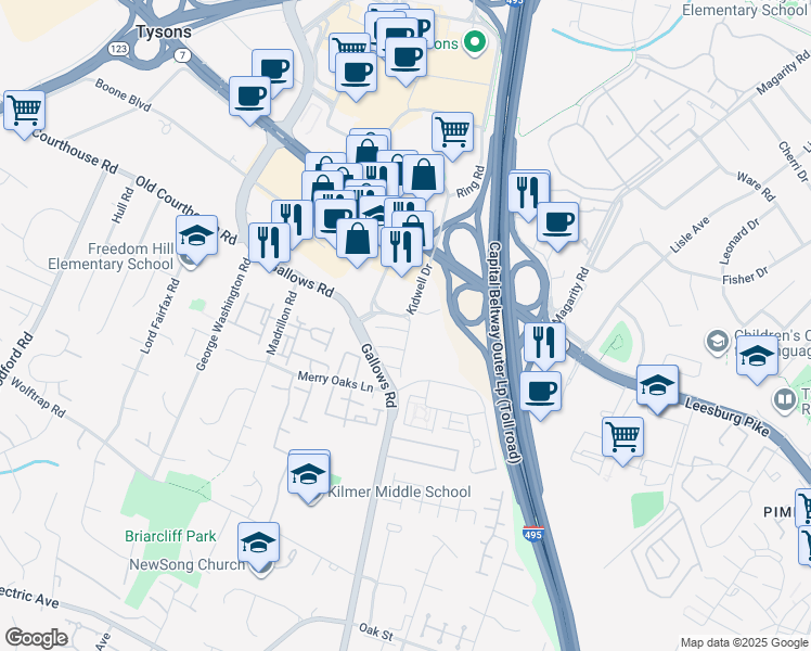map of restaurants, bars, coffee shops, grocery stores, and more near 8020 Kidwell Town Court in Vienna