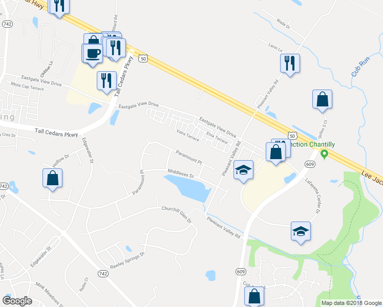 map of restaurants, bars, coffee shops, grocery stores, and more near 43860 Paramount Place in Chantilly