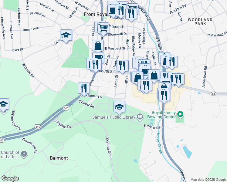 map of restaurants, bars, coffee shops, grocery stores, and more near 461 Acton Street in Front Royal