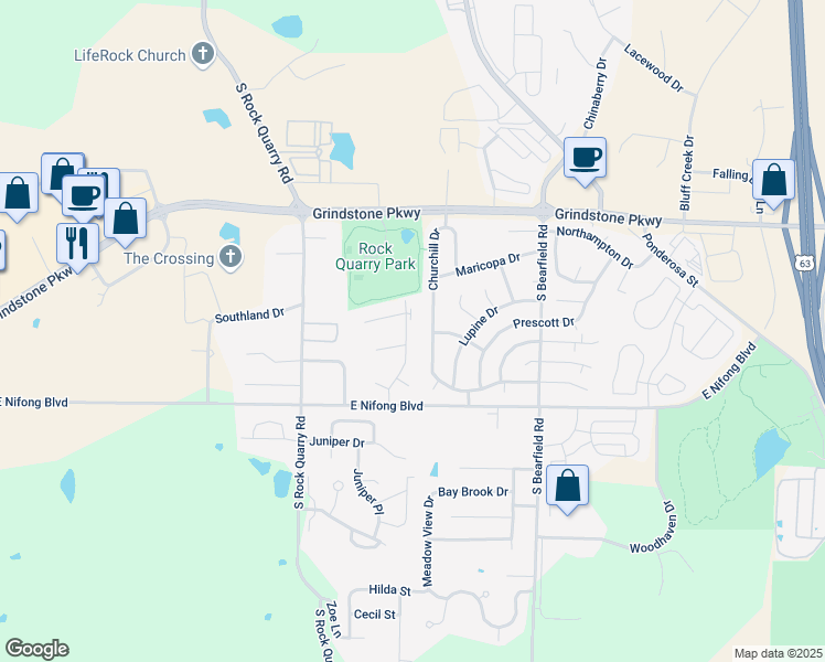map of restaurants, bars, coffee shops, grocery stores, and more near 3604 Churchill Drive in Columbia
