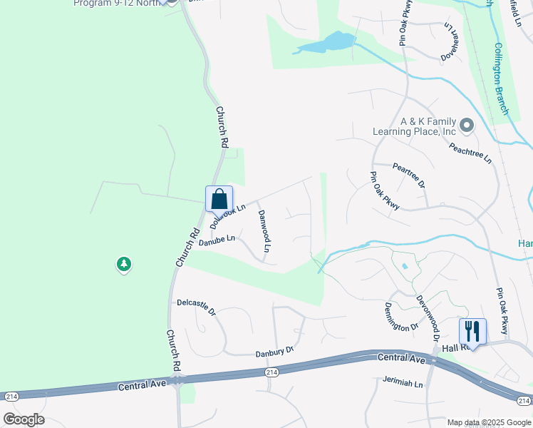 map of restaurants, bars, coffee shops, grocery stores, and more near 1515 Danwood Lane in Bowie