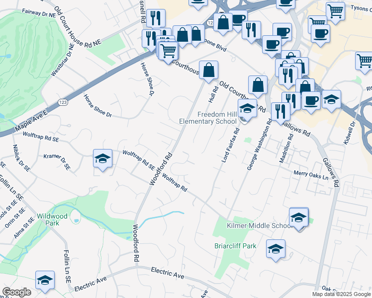 map of restaurants, bars, coffee shops, grocery stores, and more near 8463 Hunt Valley Drive in Vienna